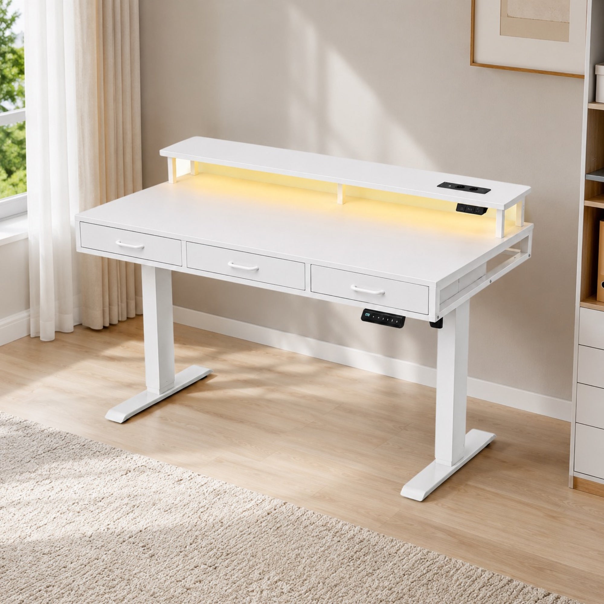 Bureau assis-debout électrique blanc avec rangement et LED | StJean-Workspace