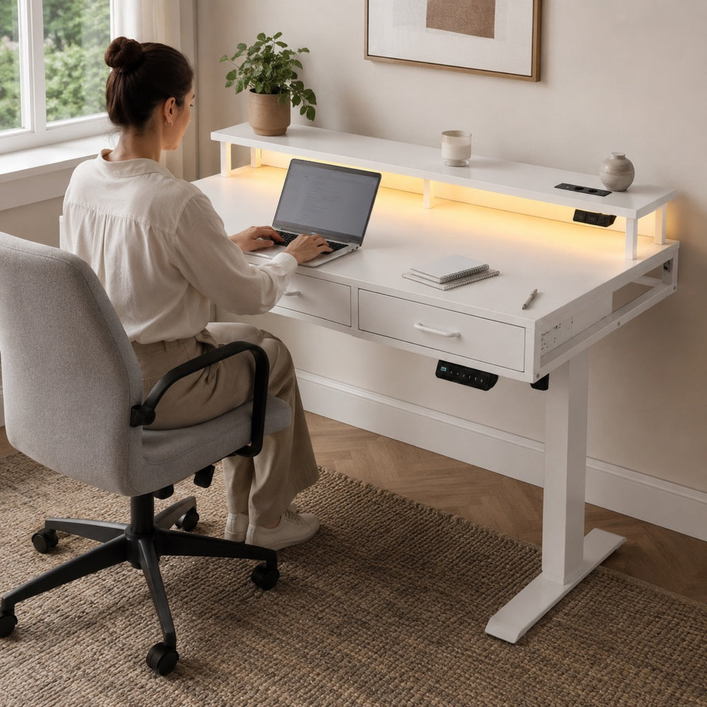 Bureau assis-debout électrique blanc avec rangement et LED | StJean-Workspace