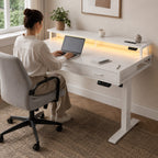 Bureau assis-debout électrique blanc avec rangement et LED | StJean-Workspace