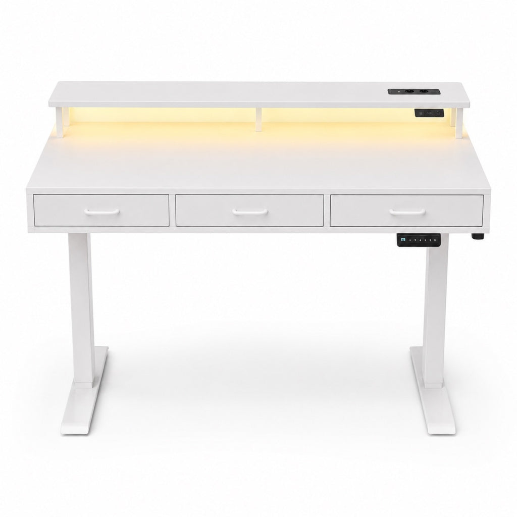 Bureau assis-debout électrique blanc avec rangement et LED | StJean-Workspace