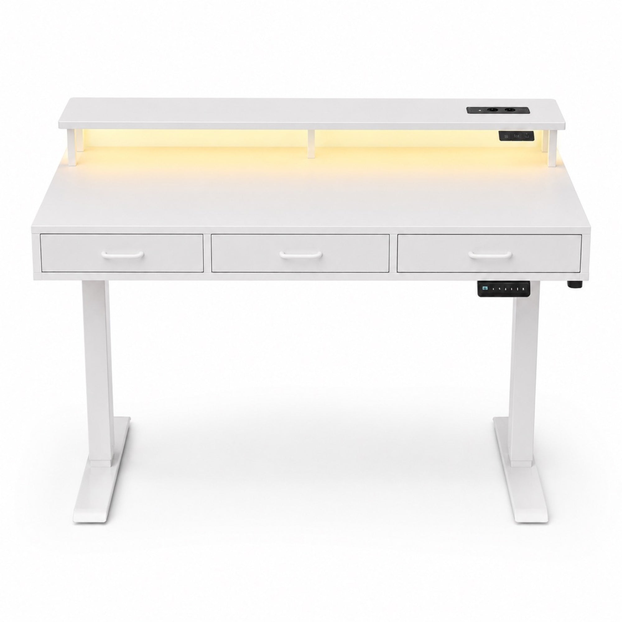 Bureau assis-debout électrique blanc avec rangement et LED | StJean-Workspace