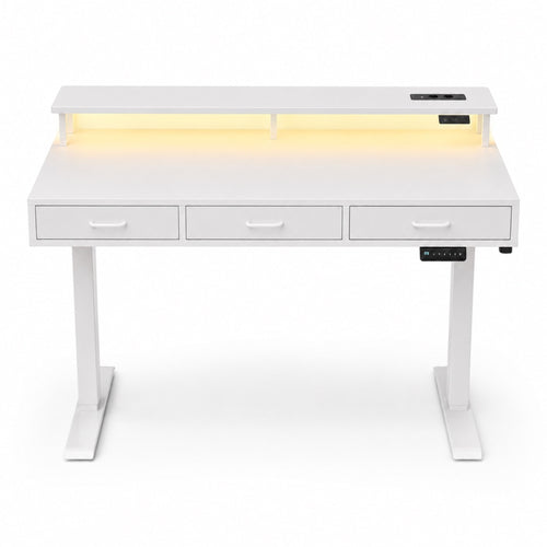 Bureau assis-debout électrique blanc avec rangement et LED | StJean-Workspace