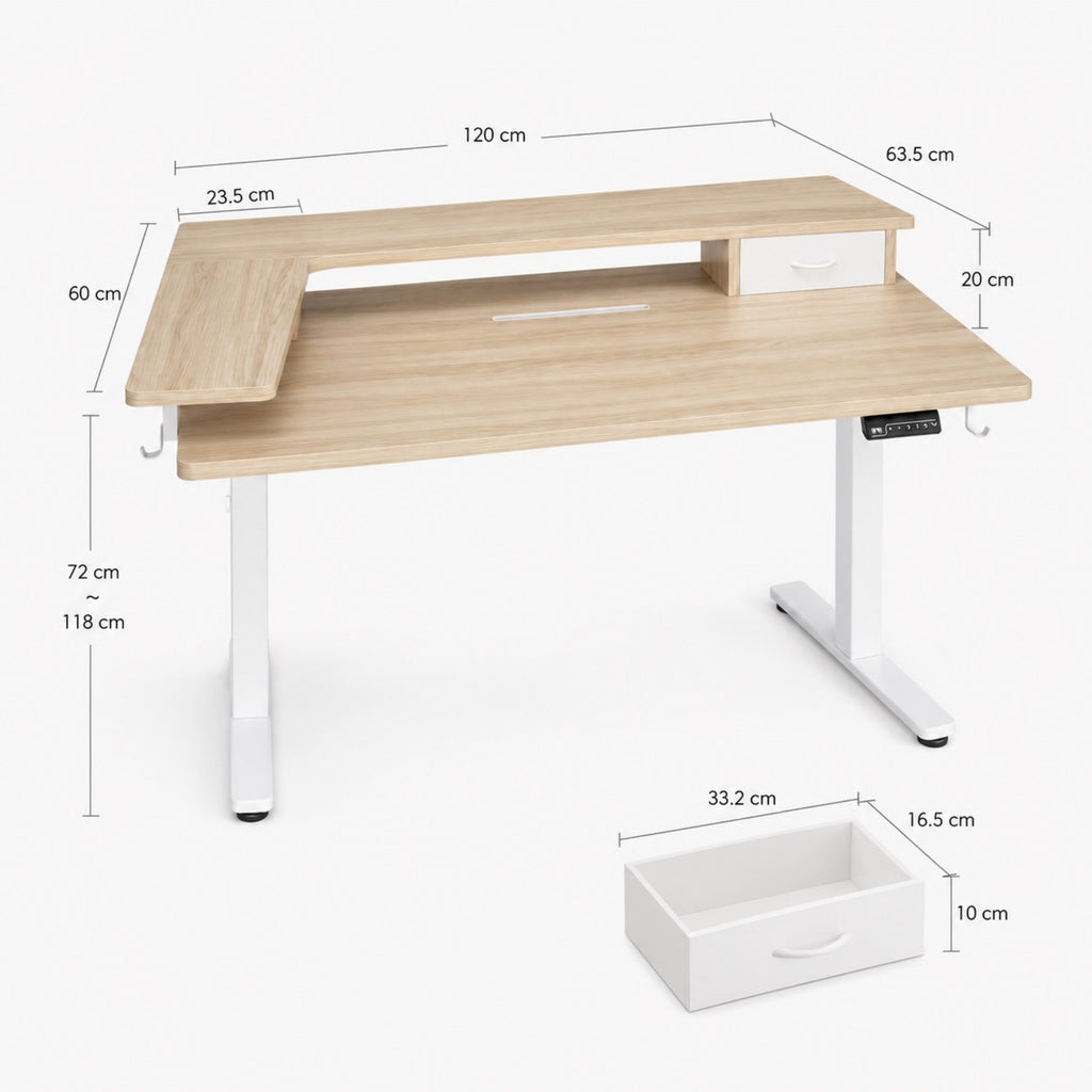 Bureau assis-debout électrique beige avec rangement | StJean-Workspace