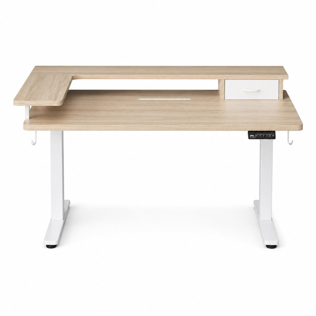 Bureau assis-debout électrique beige avec rangement | StJean-Workspace