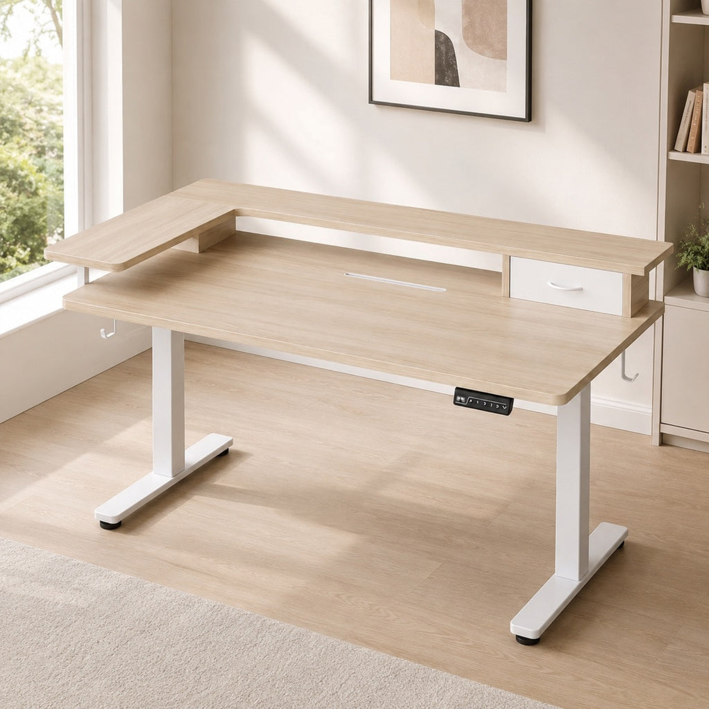 Bureau assis-debout électrique beige avec rangement | StJean-Workspace
