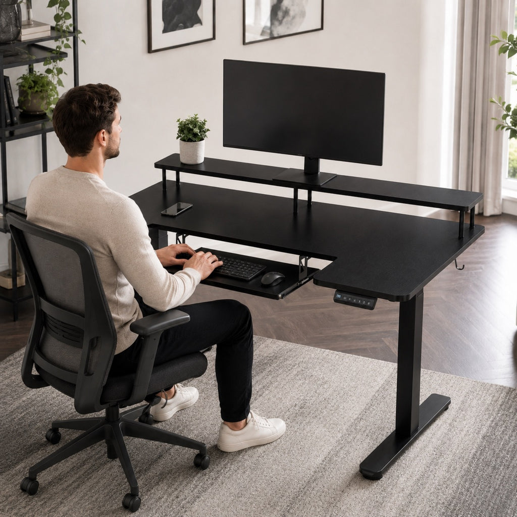 Bureau assis-debout électrique noir avec plateau clavier | StJean-Workspace
