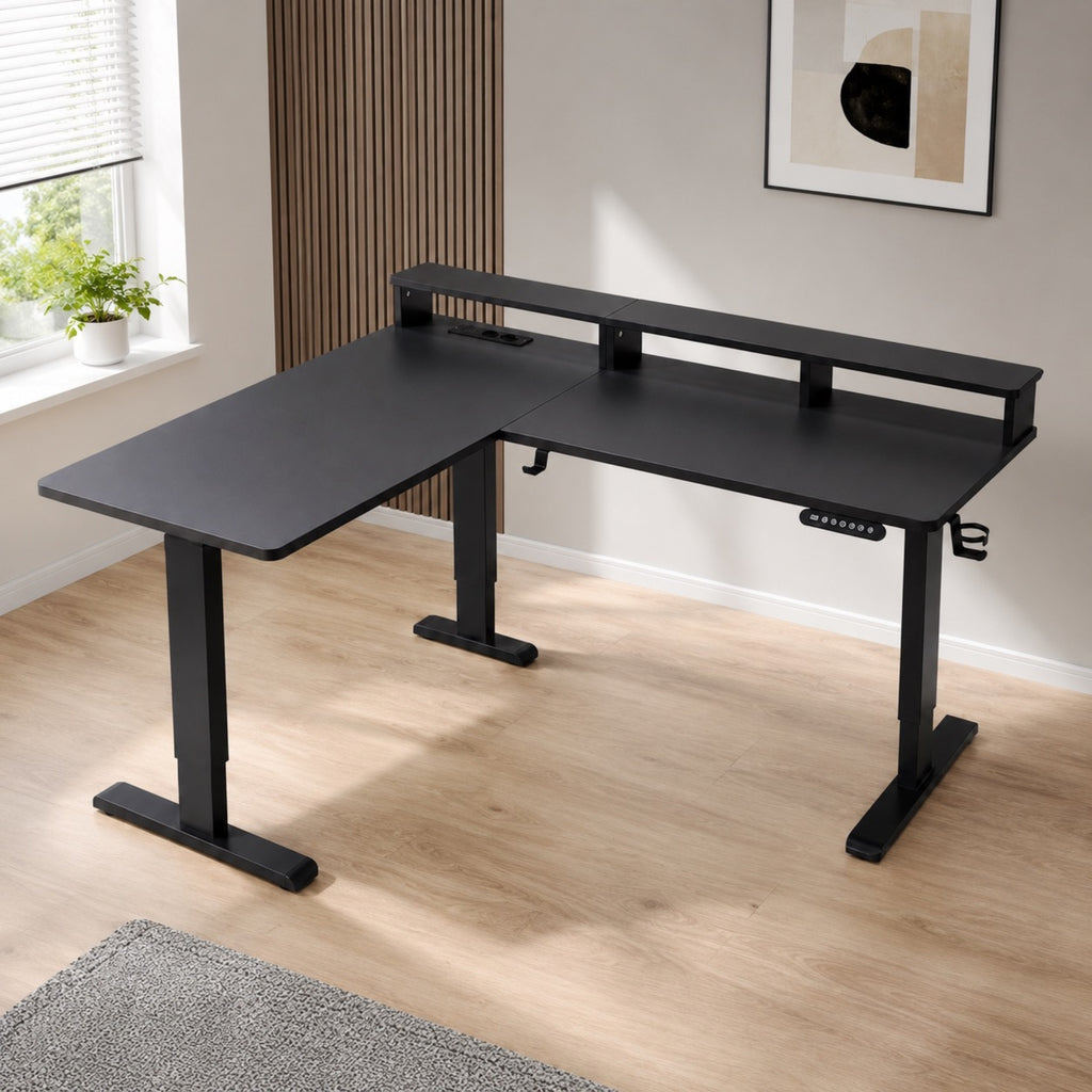 Bureau d’angle assis-debout électrique noir avec support écran | StJean-Workspace