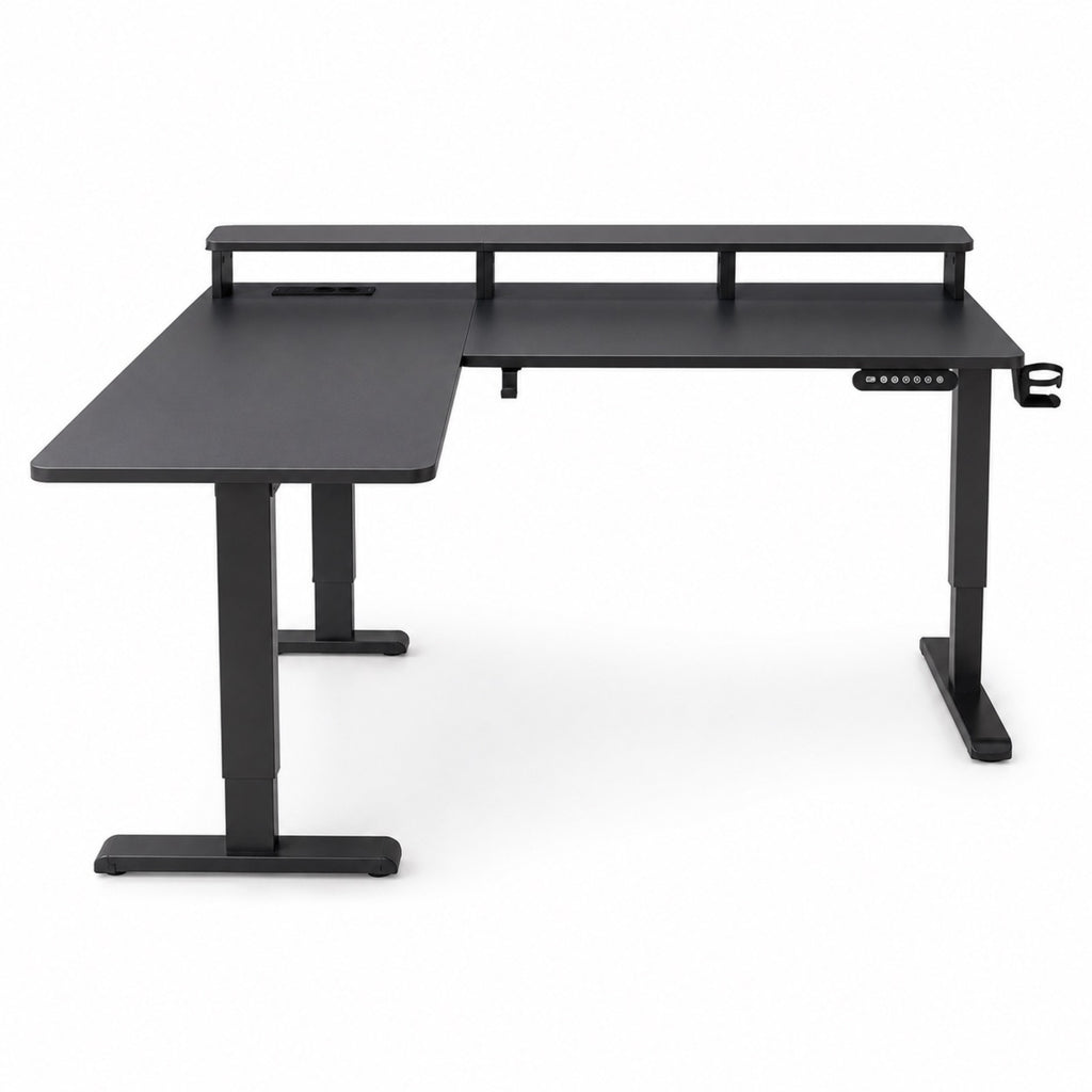 Bureau d’angle assis-debout électrique noir avec support écran | StJean-Workspace