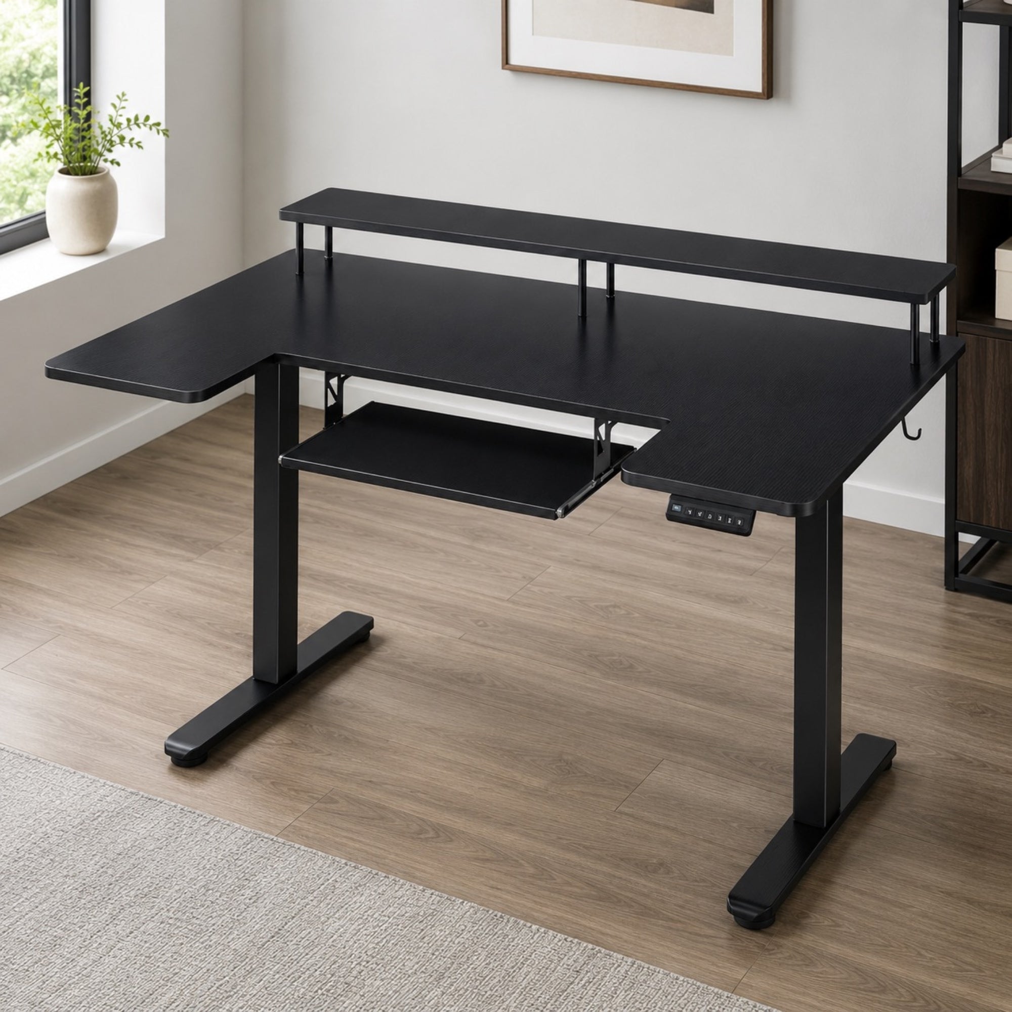 Bureau assis-debout électrique noir avec plateau clavier | StJean-Workspace