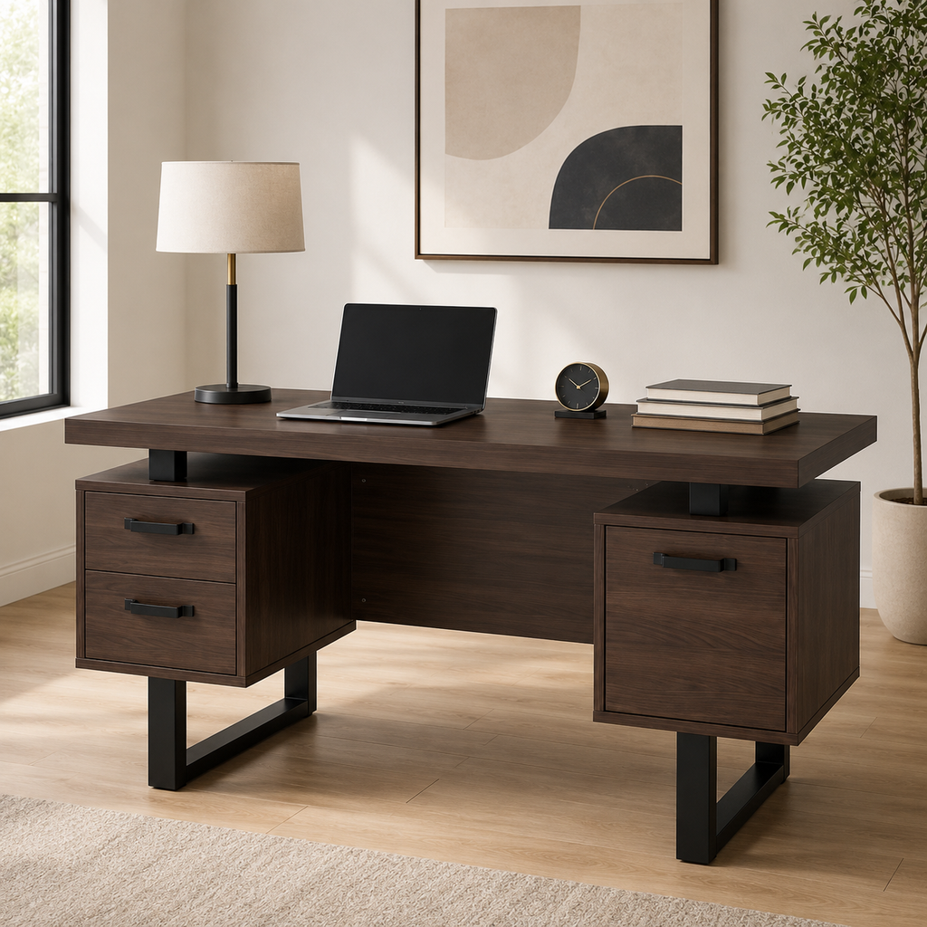 Bureau design marron foncé avec 3 tiroirs et rangement pour dossiers