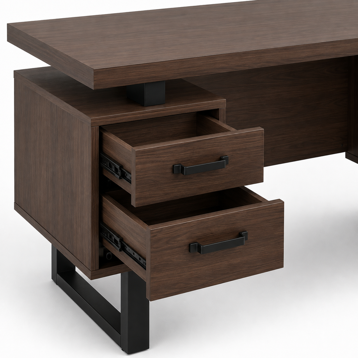 Bureau design marron foncé avec 3 tiroirs et rangement pour dossiers