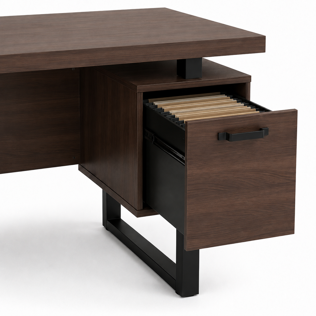 Bureau design marron foncé avec 3 tiroirs et rangement pour dossiers