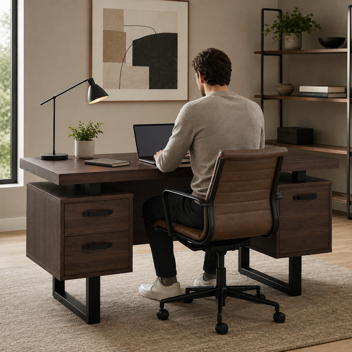 Bureau design marron foncé avec 3 tiroirs et rangement pour dossiers