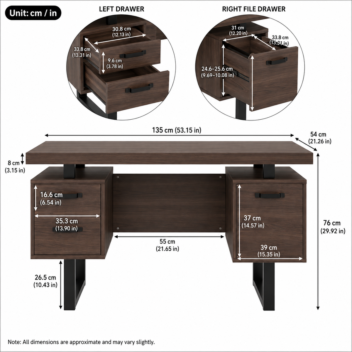 Bureau design marron foncé avec 3 tiroirs et rangement pour dossiers