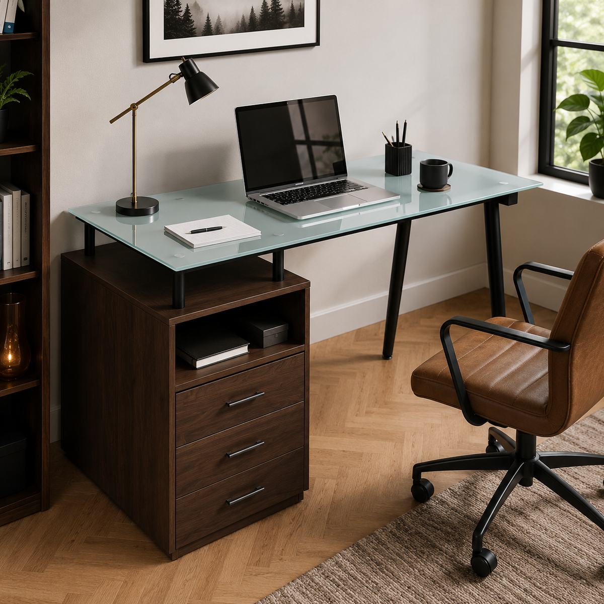 Bureau design en verre avec caisson de rangement et 3 tiroirs