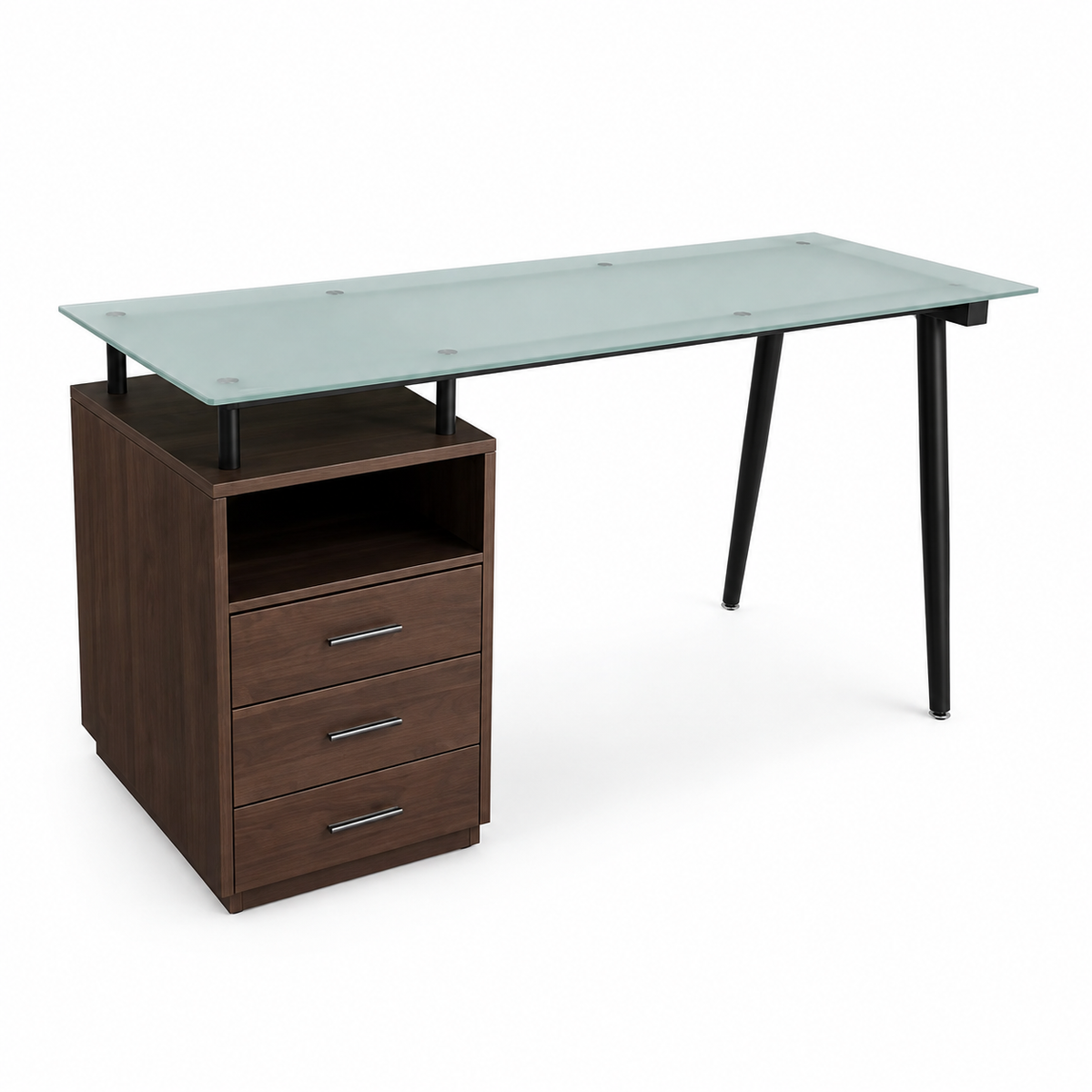 Bureau design en verre avec caisson de rangement et 3 tiroirs