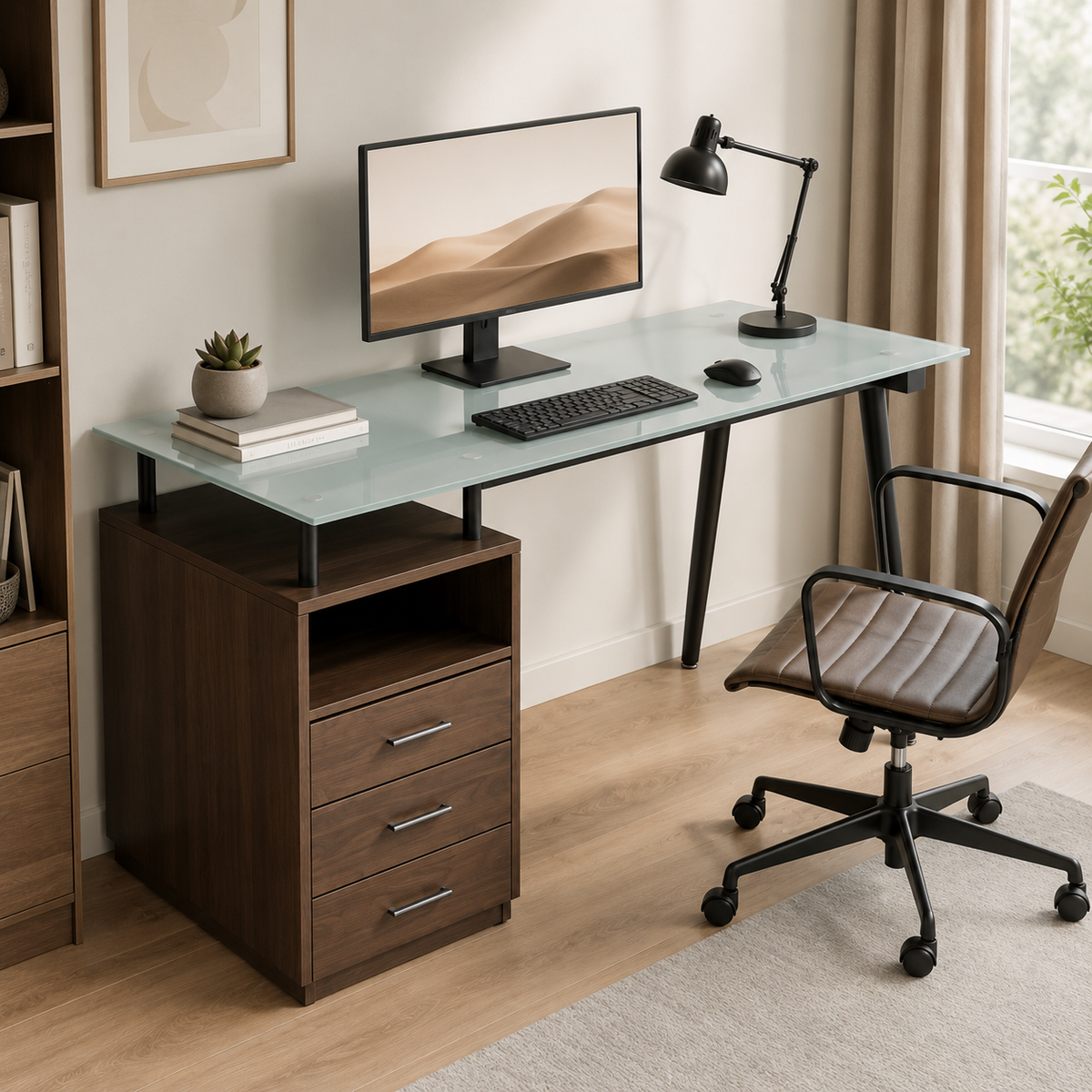 Bureau design en verre avec caisson de rangement et 3 tiroirs