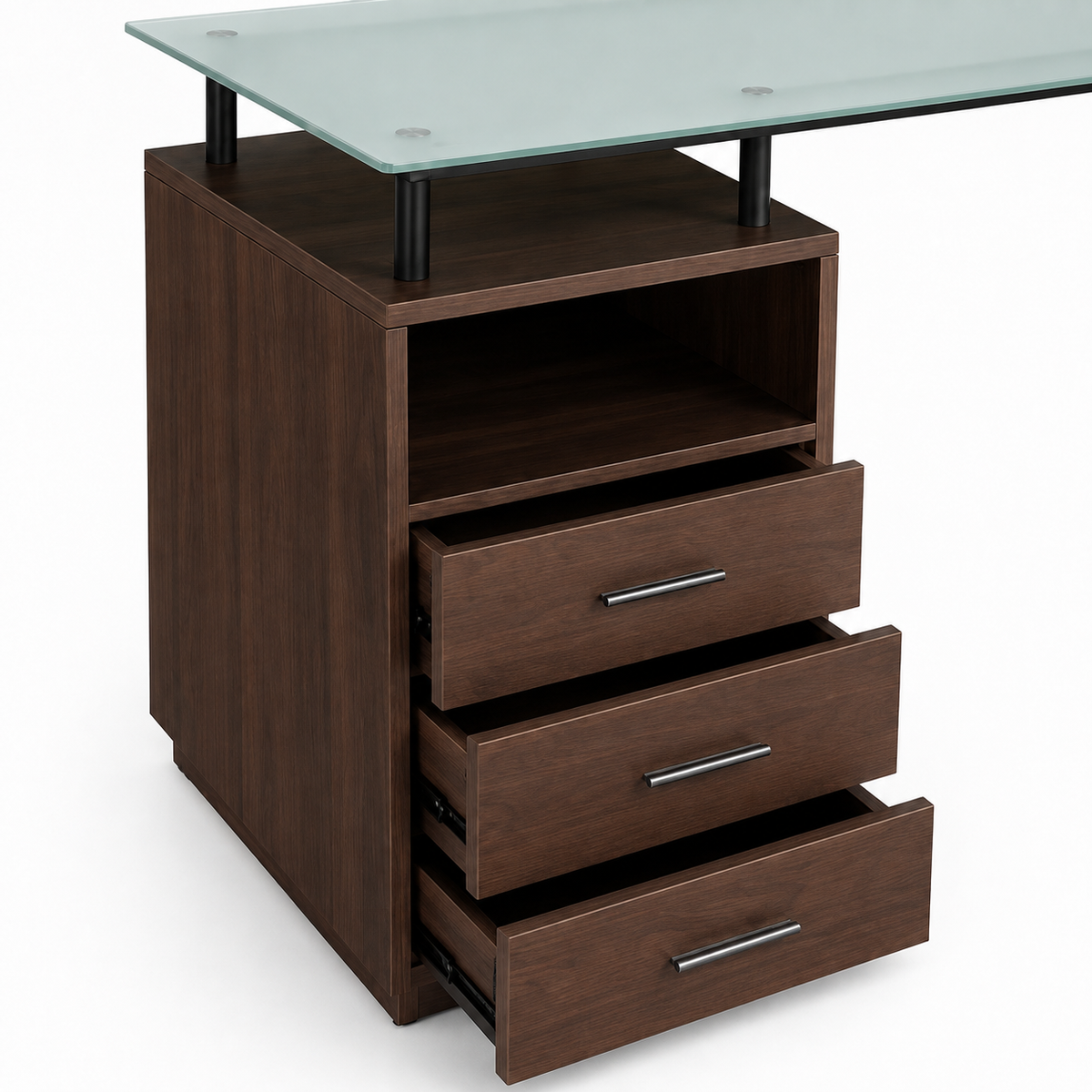 Bureau design en verre avec caisson de rangement et 3 tiroirs