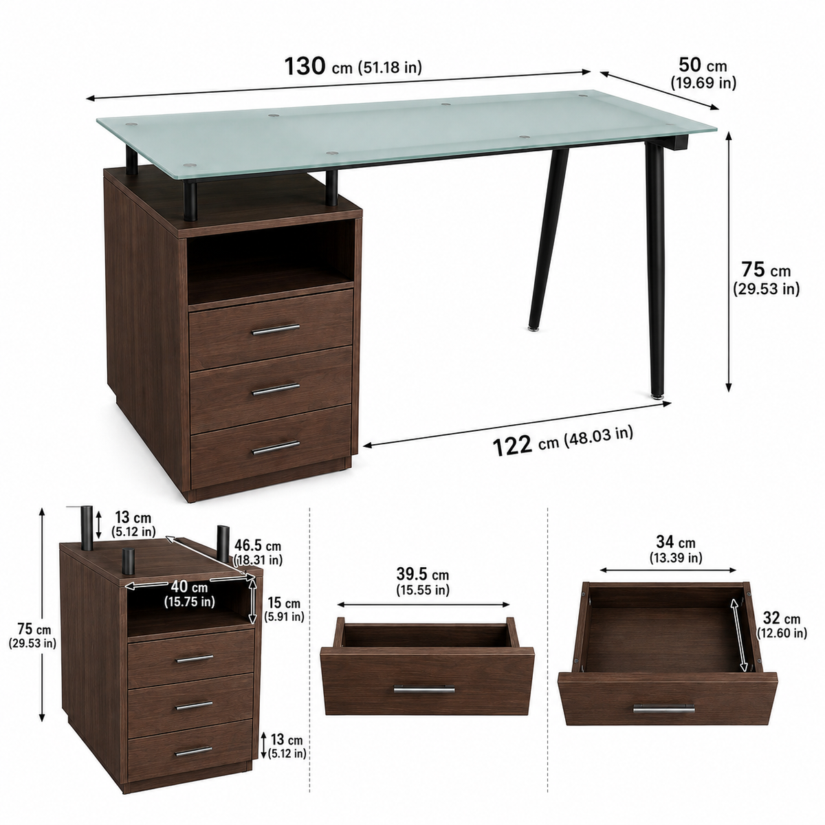 Bureau design en verre avec caisson de rangement et 3 tiroirs