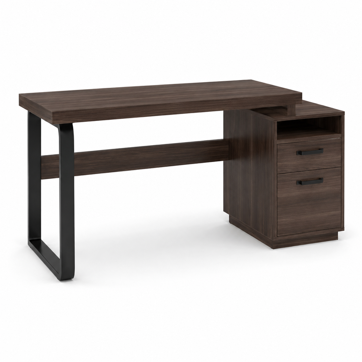 Bureau design marron foncé avec 2 tiroirs et niche de rangement