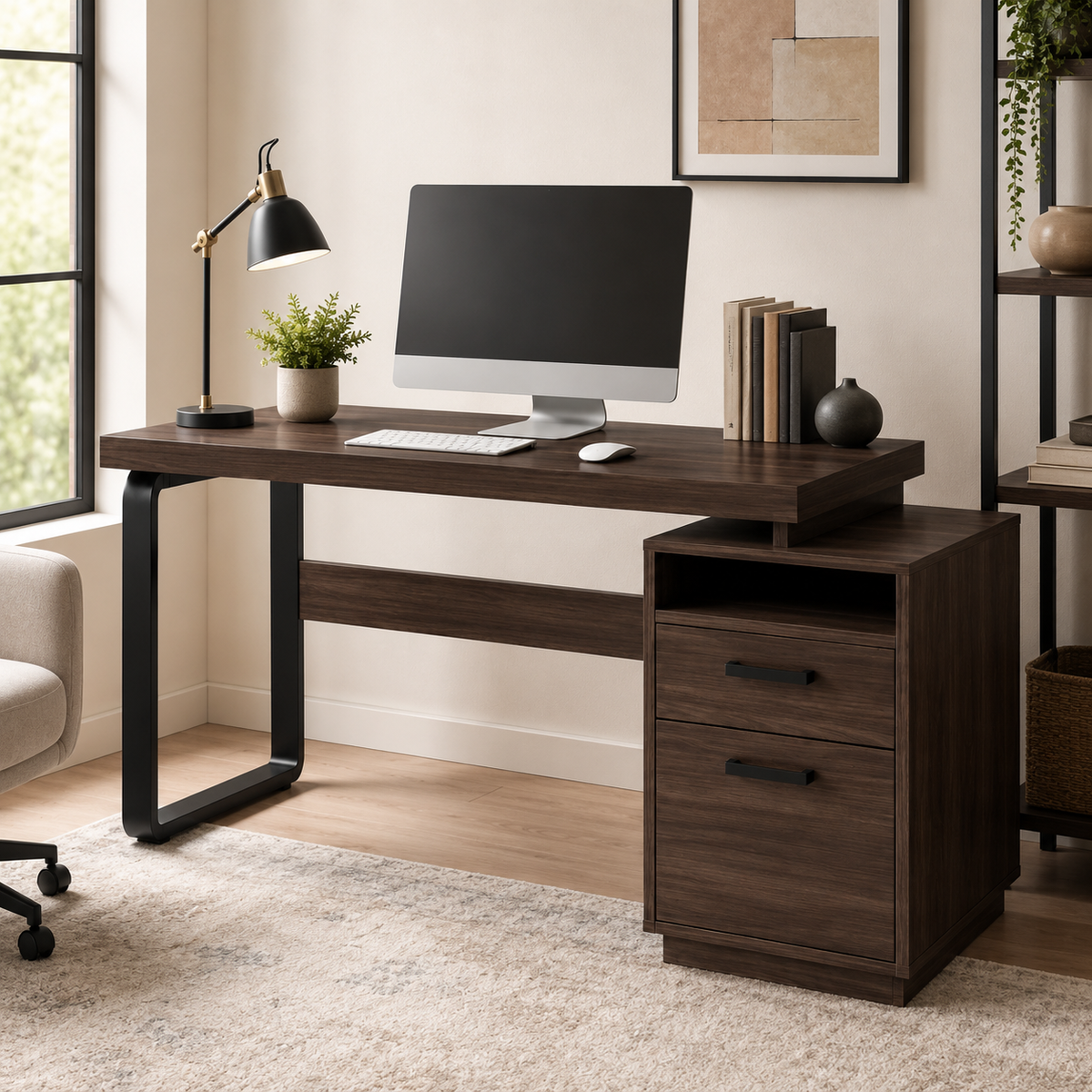Bureau design marron foncé avec 2 tiroirs et niche de rangement