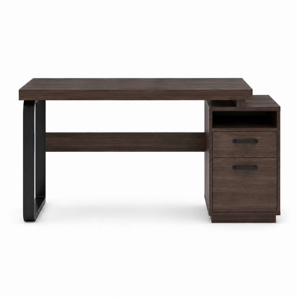 Bureau design marron foncé avec 2 tiroirs et niche de rangement