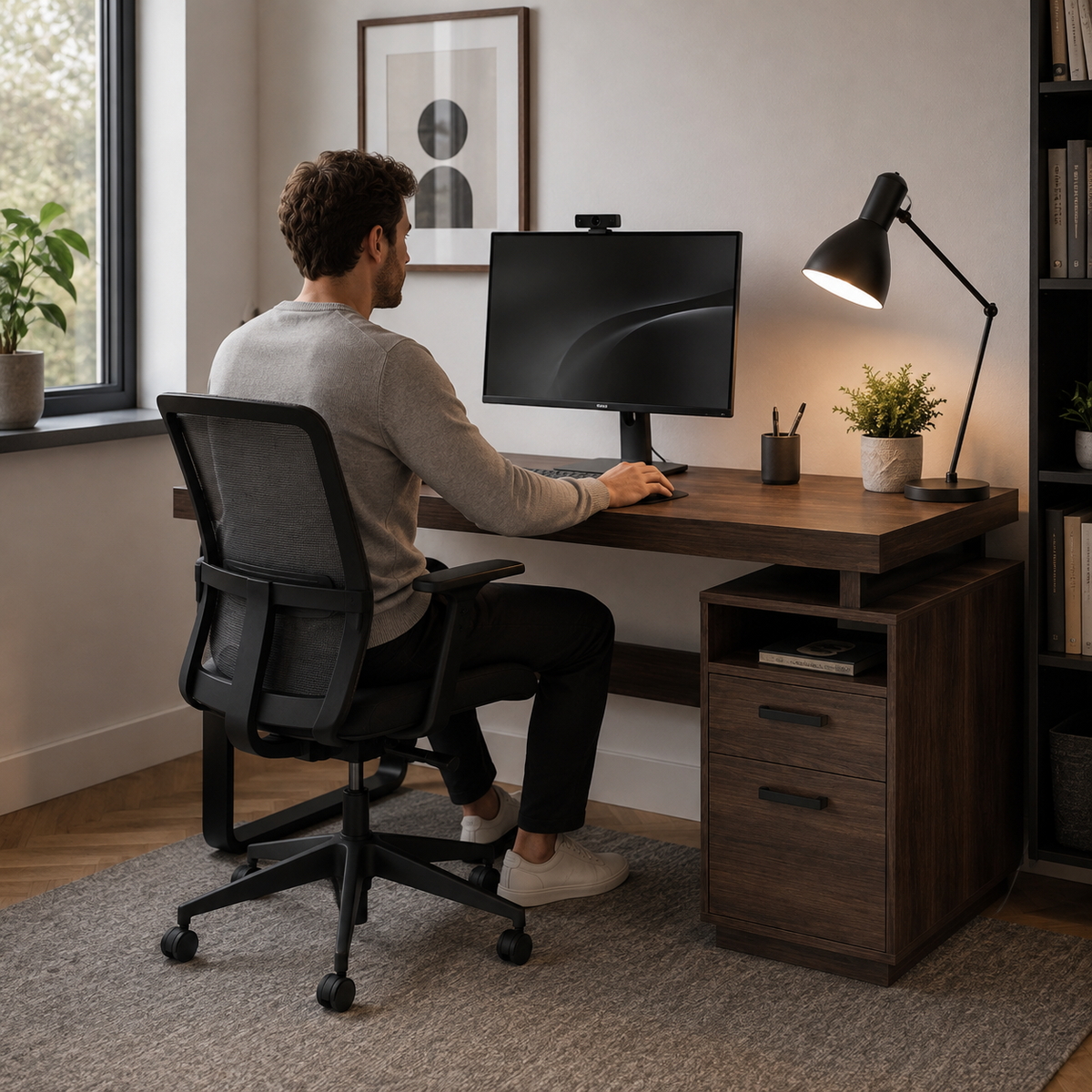 Bureau design marron foncé avec 2 tiroirs et niche de rangement