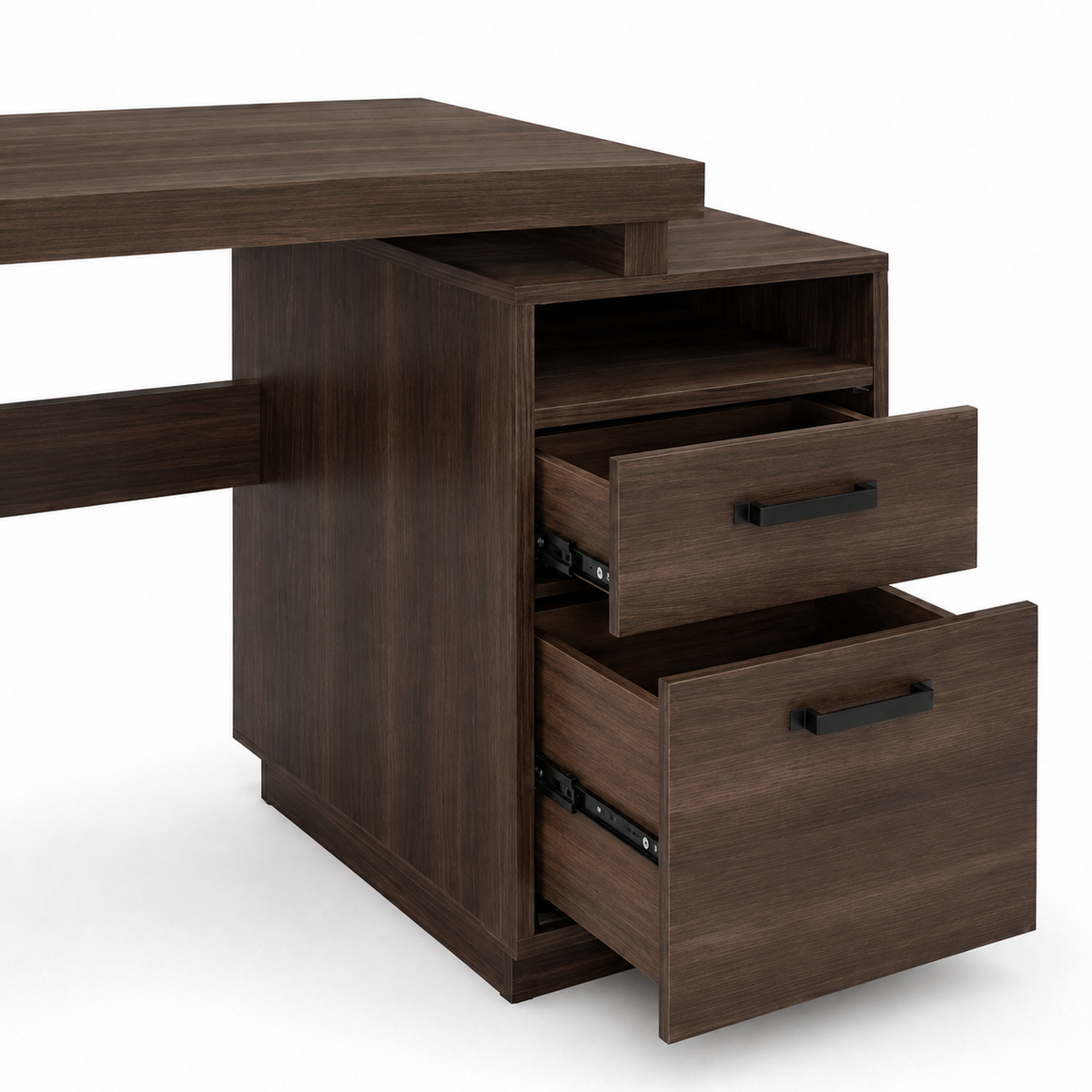 Bureau design marron foncé avec 2 tiroirs et niche de rangement