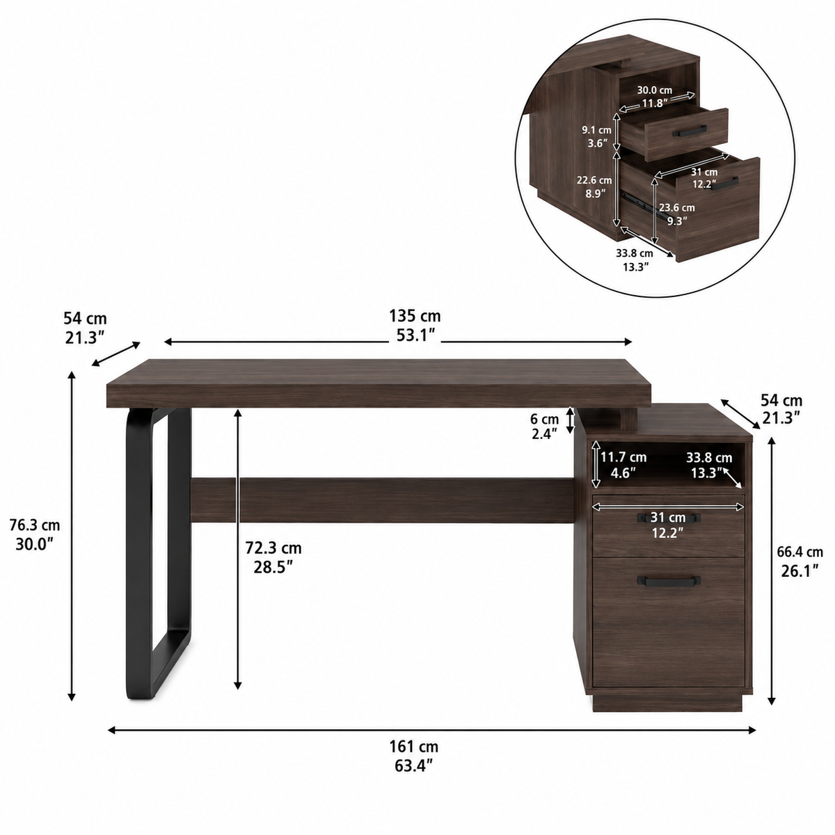 Bureau design marron foncé avec 2 tiroirs et niche de rangement