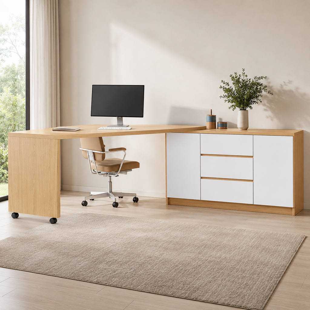 Bureau pliable et pivotant 360° avec commode et rangements