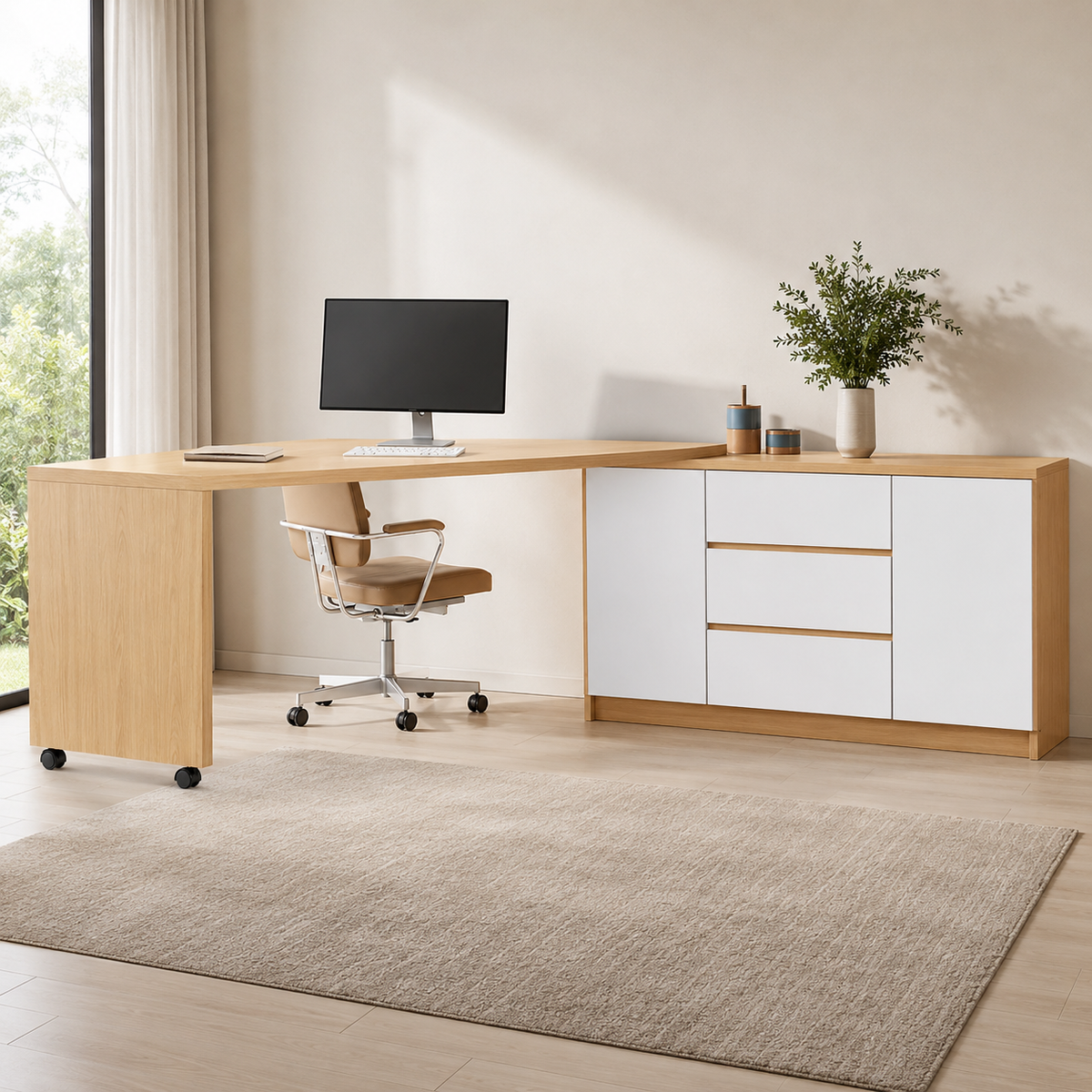 Bureau pliable et pivotant 360° avec commode et rangements