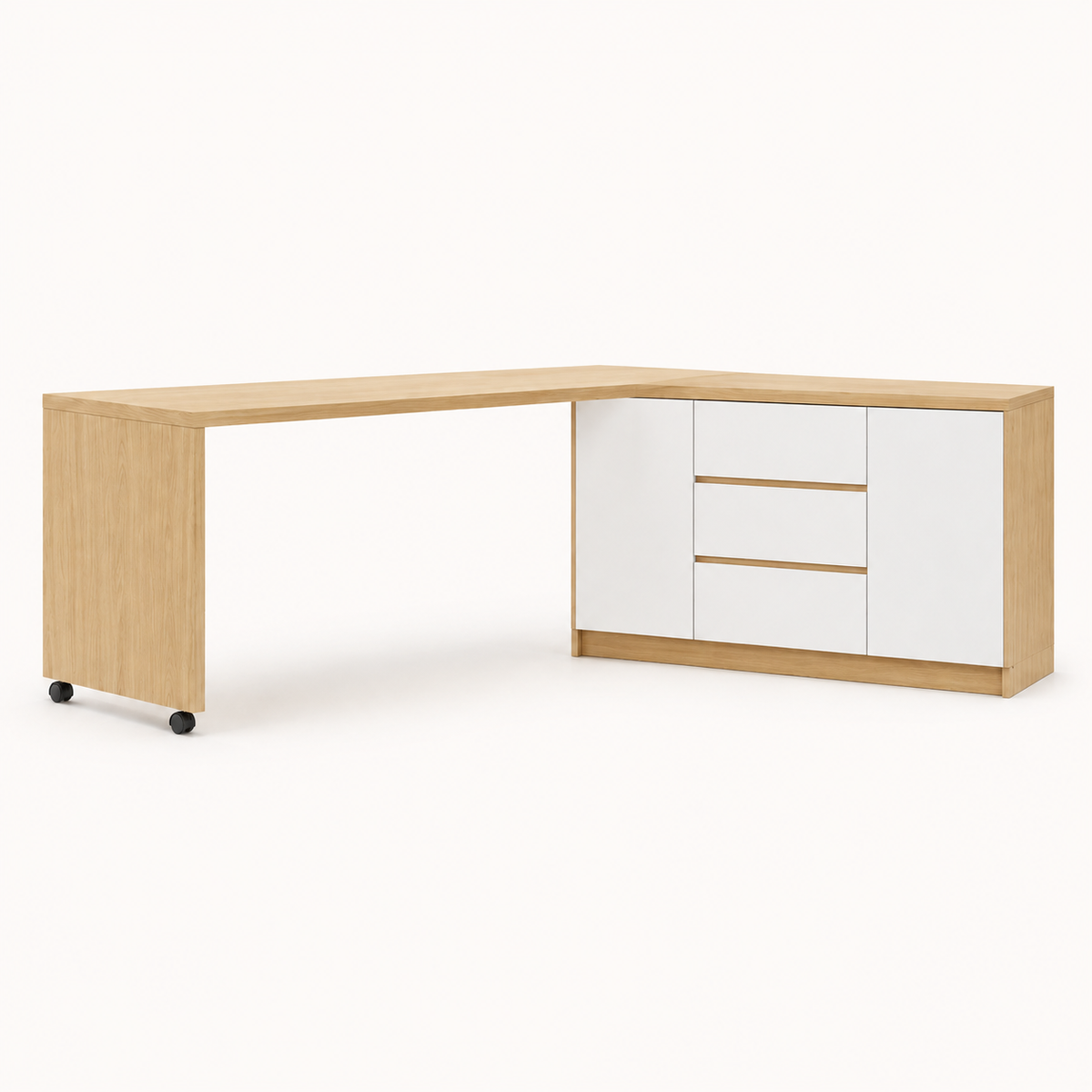 Bureau pliable et pivotant 360° avec commode et rangements