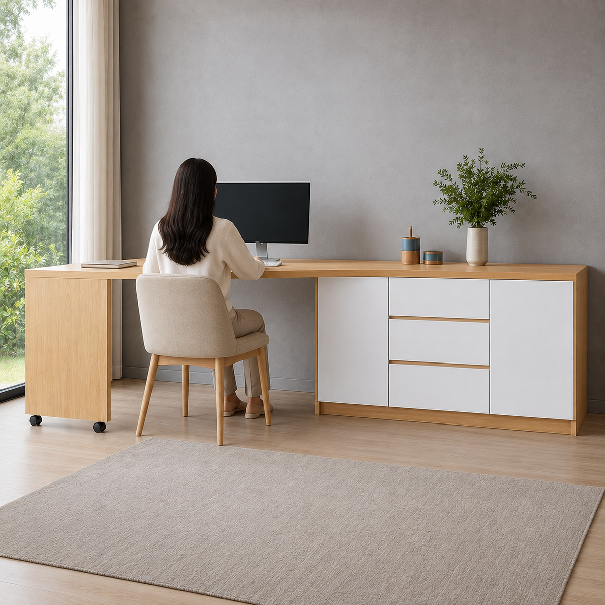 Bureau pliable et pivotant 360° avec commode et rangements