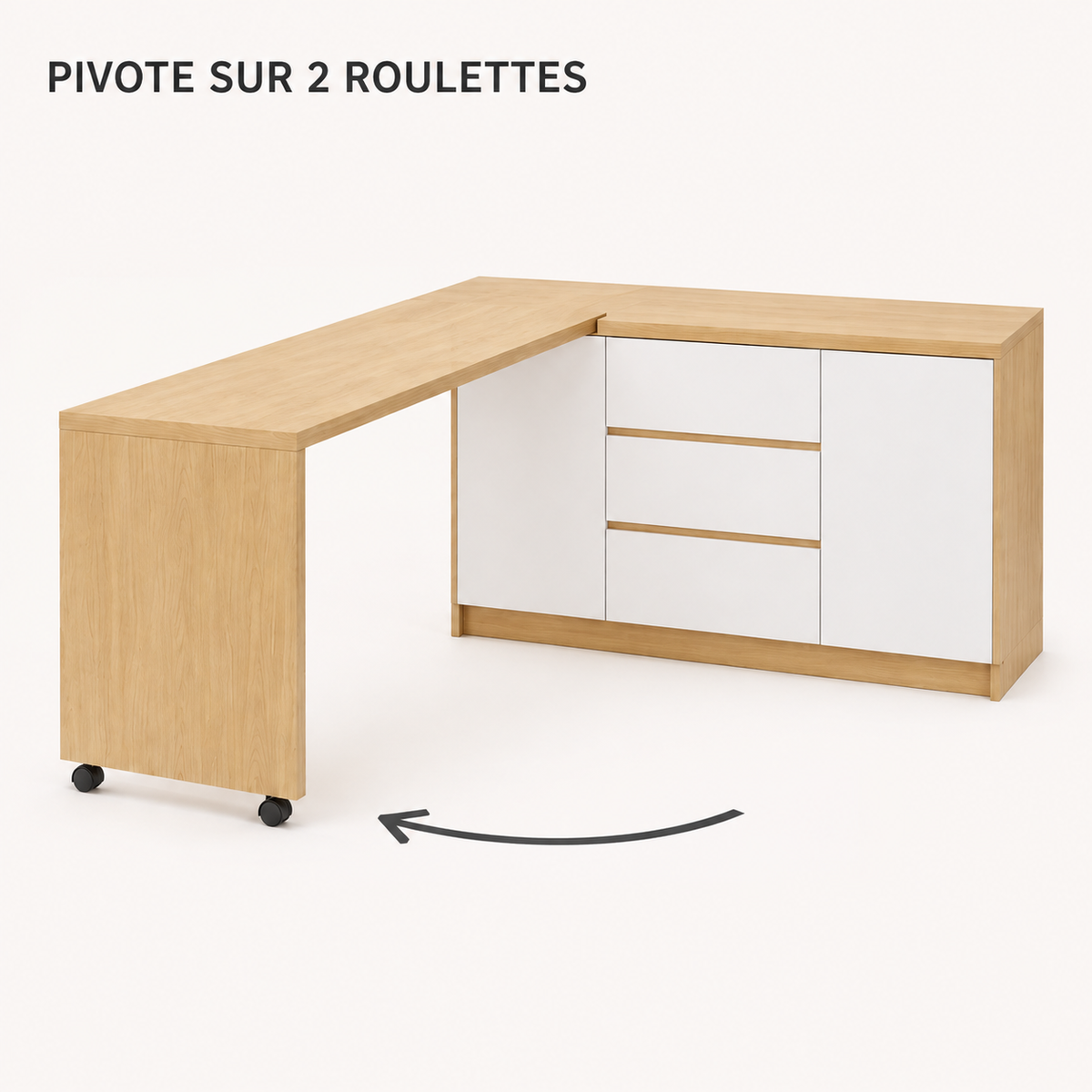 Bureau pliable et pivotant 360° avec commode et rangements