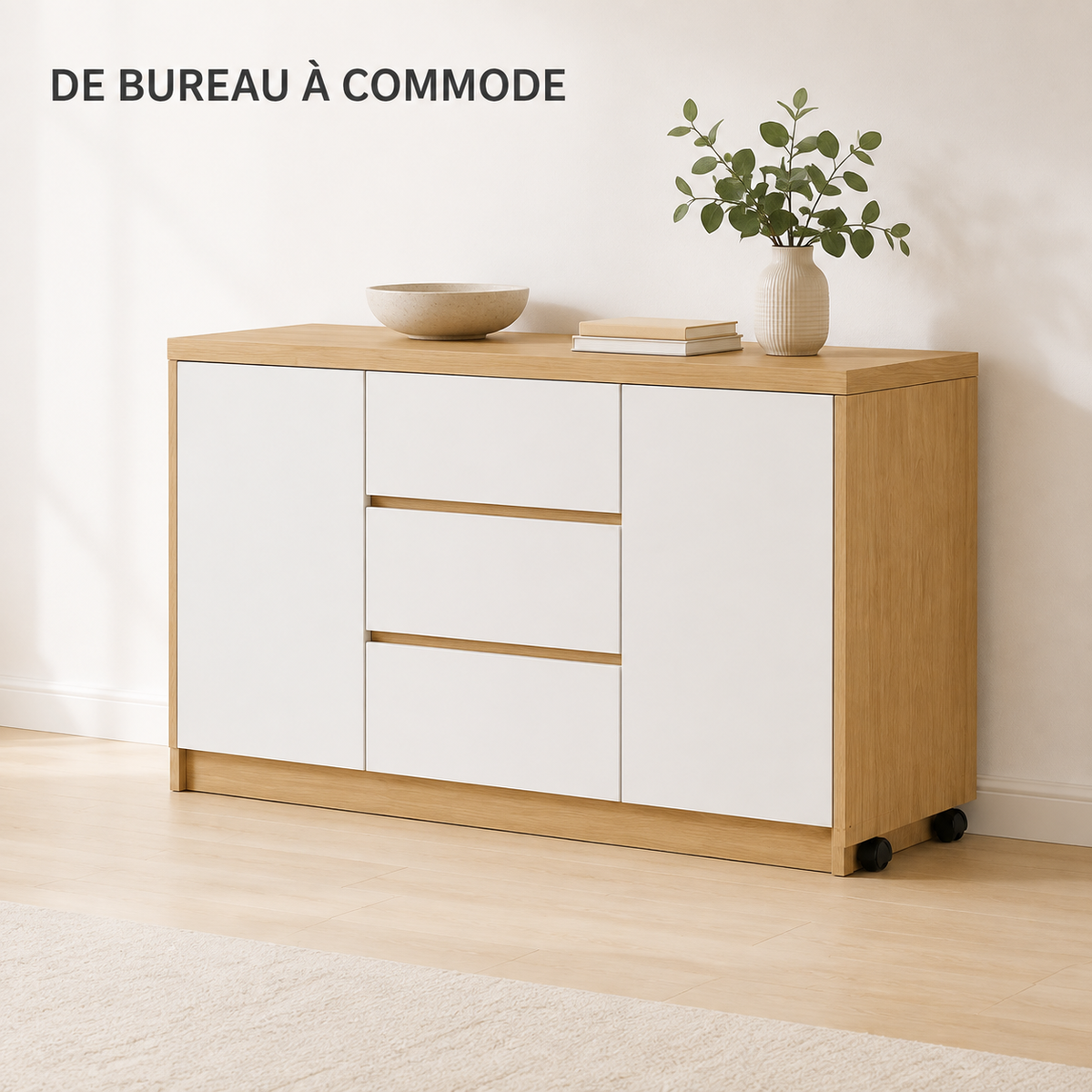 Bureau pliable et pivotant 360° avec commode et rangements