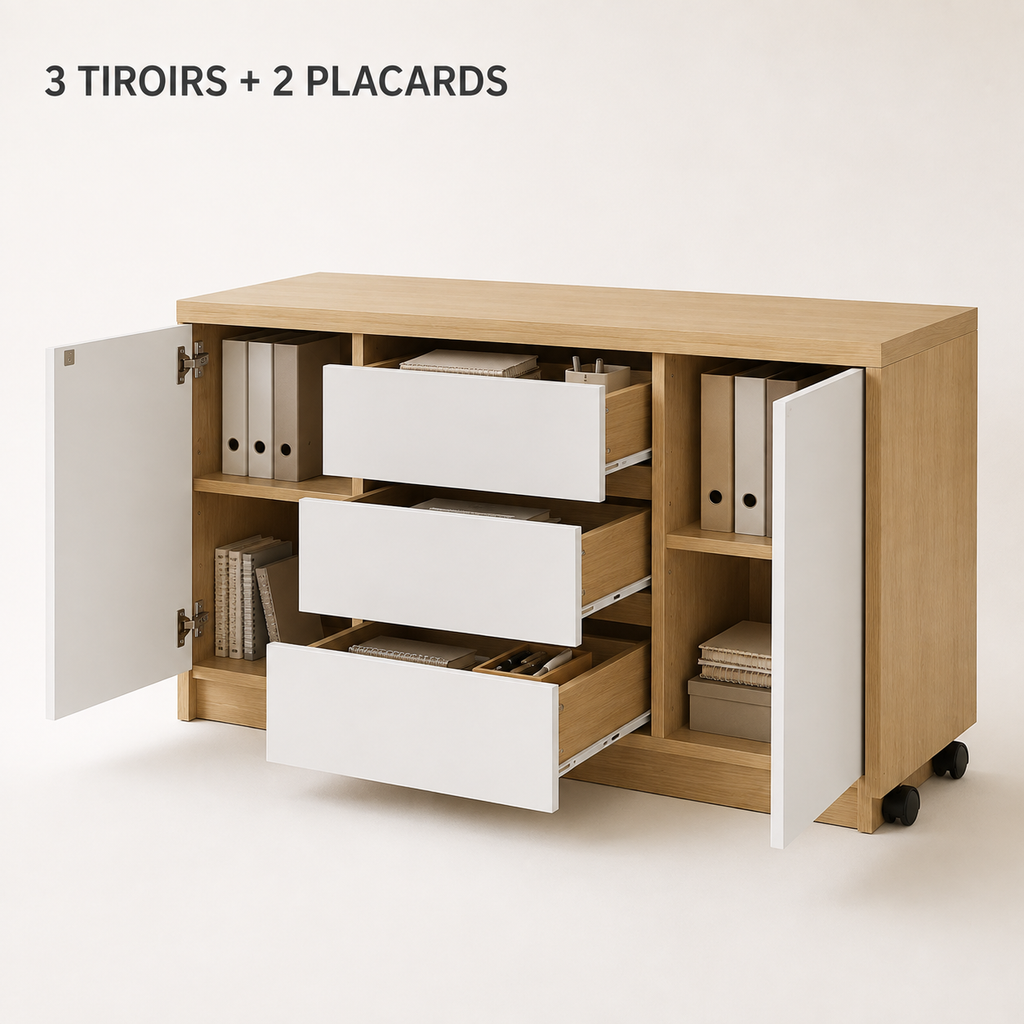 Bureau pliable et pivotant 360° avec commode et rangements