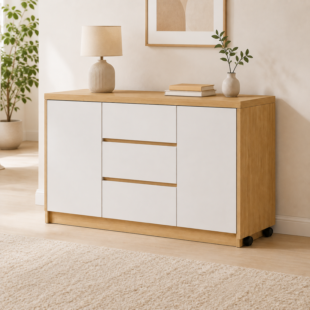 Bureau pliable et pivotant 360° avec commode et rangements