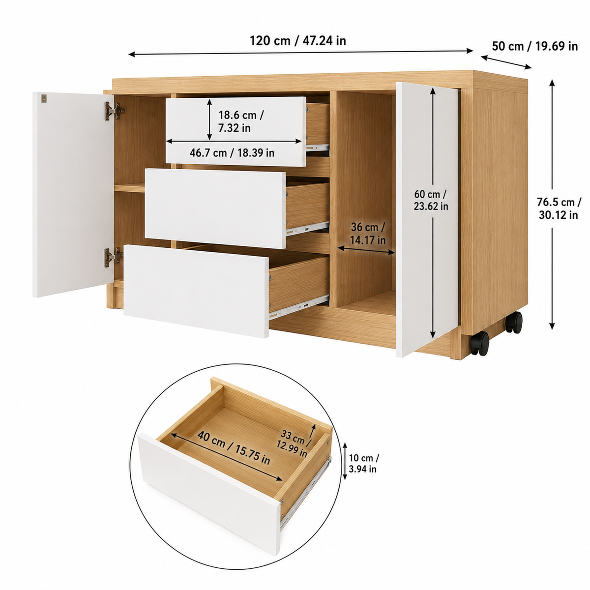 Bureau pliable et pivotant 360° avec commode et rangements