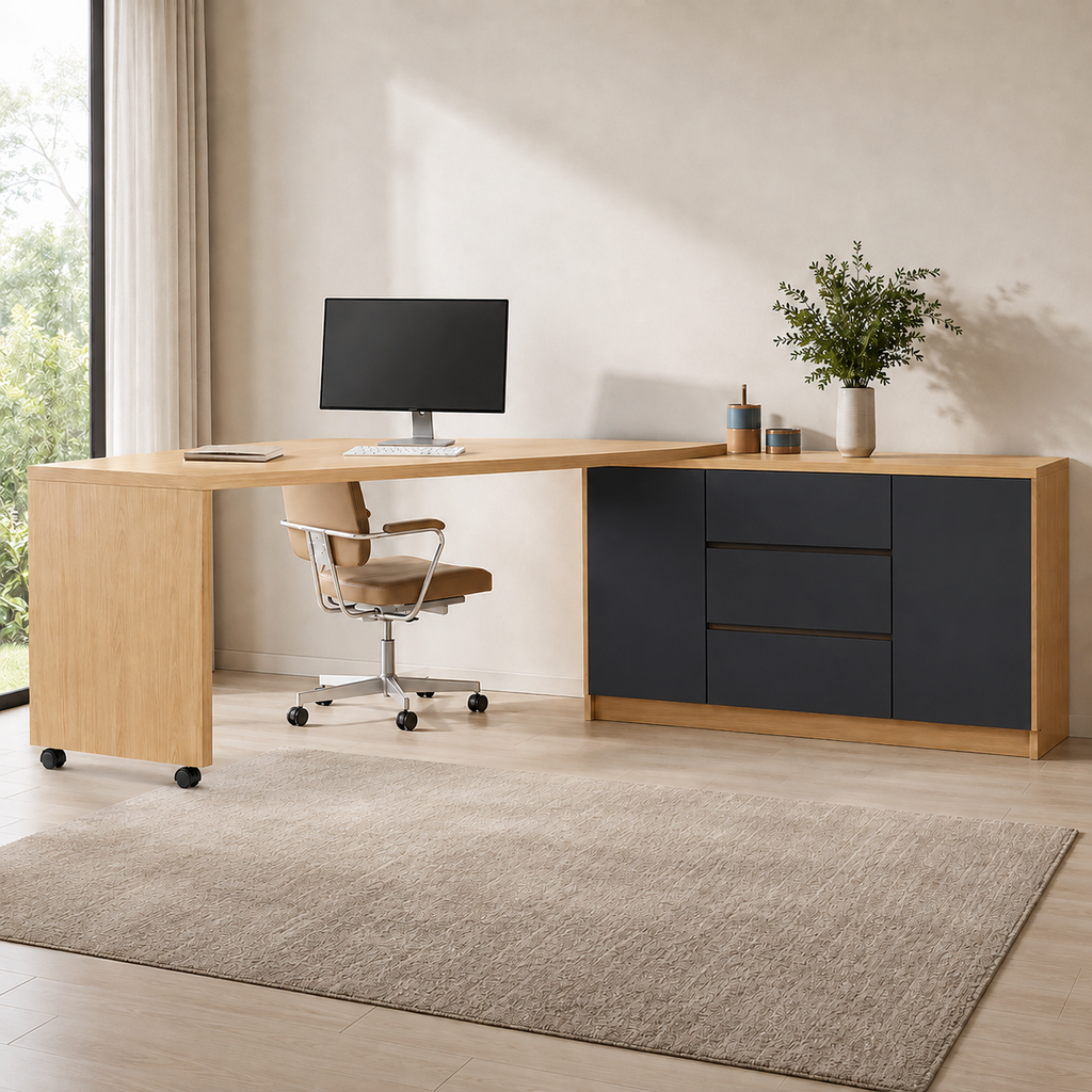 Bureau pliable noir et pivotant à 360° avec commode et rangements