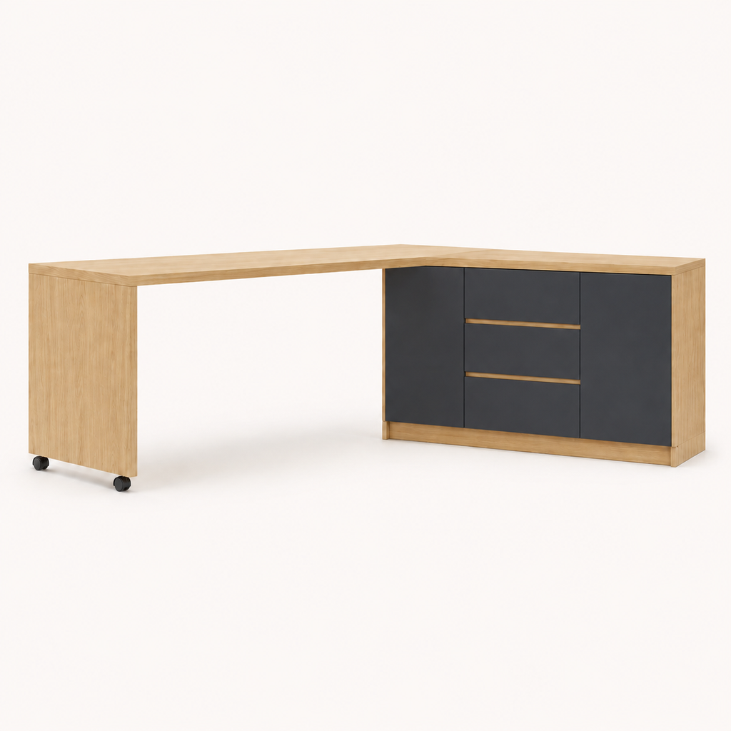 Bureau pliable noir et pivotant à 360° avec commode et rangements