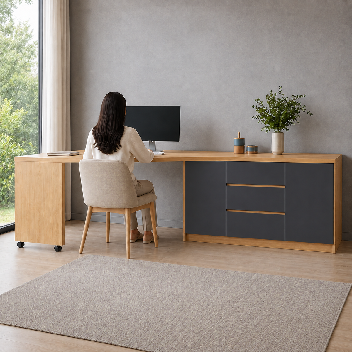 Bureau pliable noir et pivotant à 360° avec commode et rangements