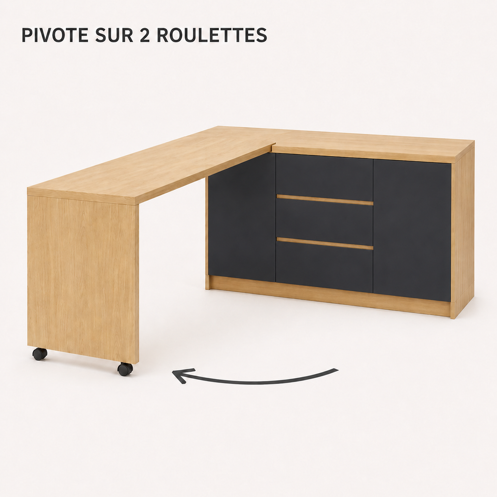 Bureau pliable noir et pivotant à 360° avec commode et rangements