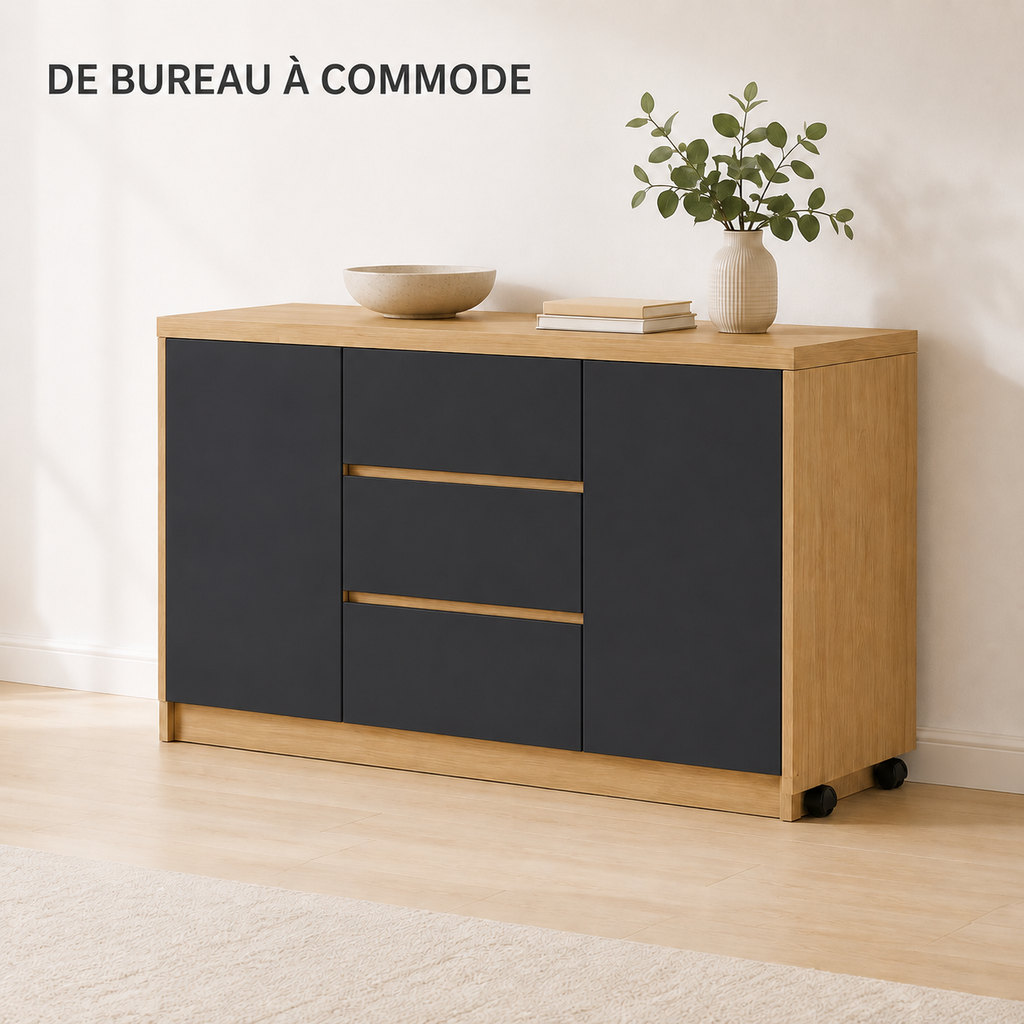 Bureau pliable noir et pivotant à 360° avec commode et rangements