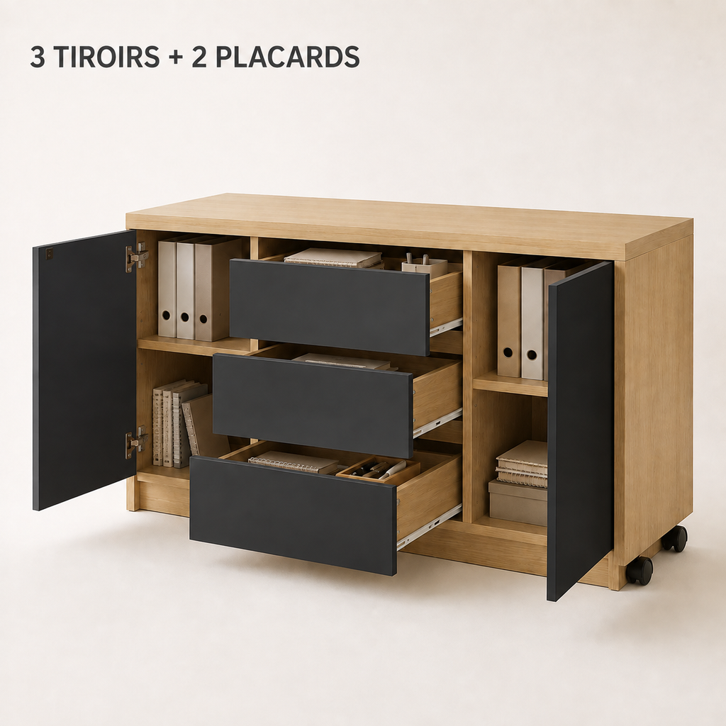 Bureau pliable noir et pivotant à 360° avec commode et rangements