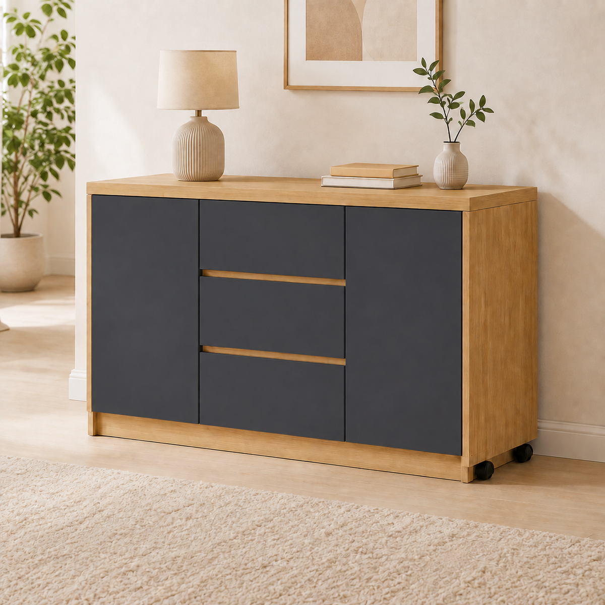 Bureau pliable noir et pivotant à 360° avec commode et rangements