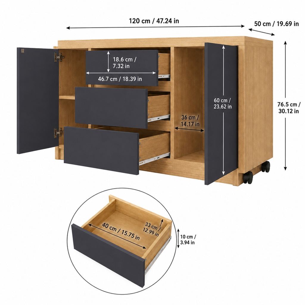 Bureau pliable noir et pivotant à 360° avec commode et rangements
