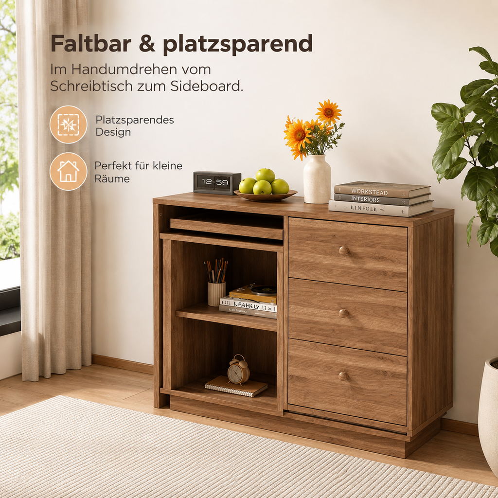 Bureau pliable multifonction en bois avec 3 tiroirs et rangements