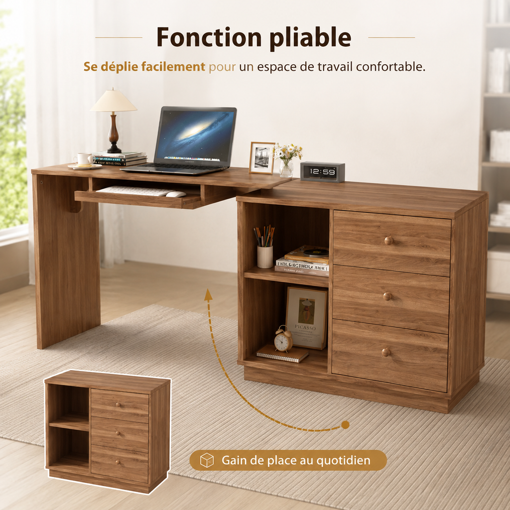 Bureau pliable multifonction en bois avec 3 tiroirs et rangements