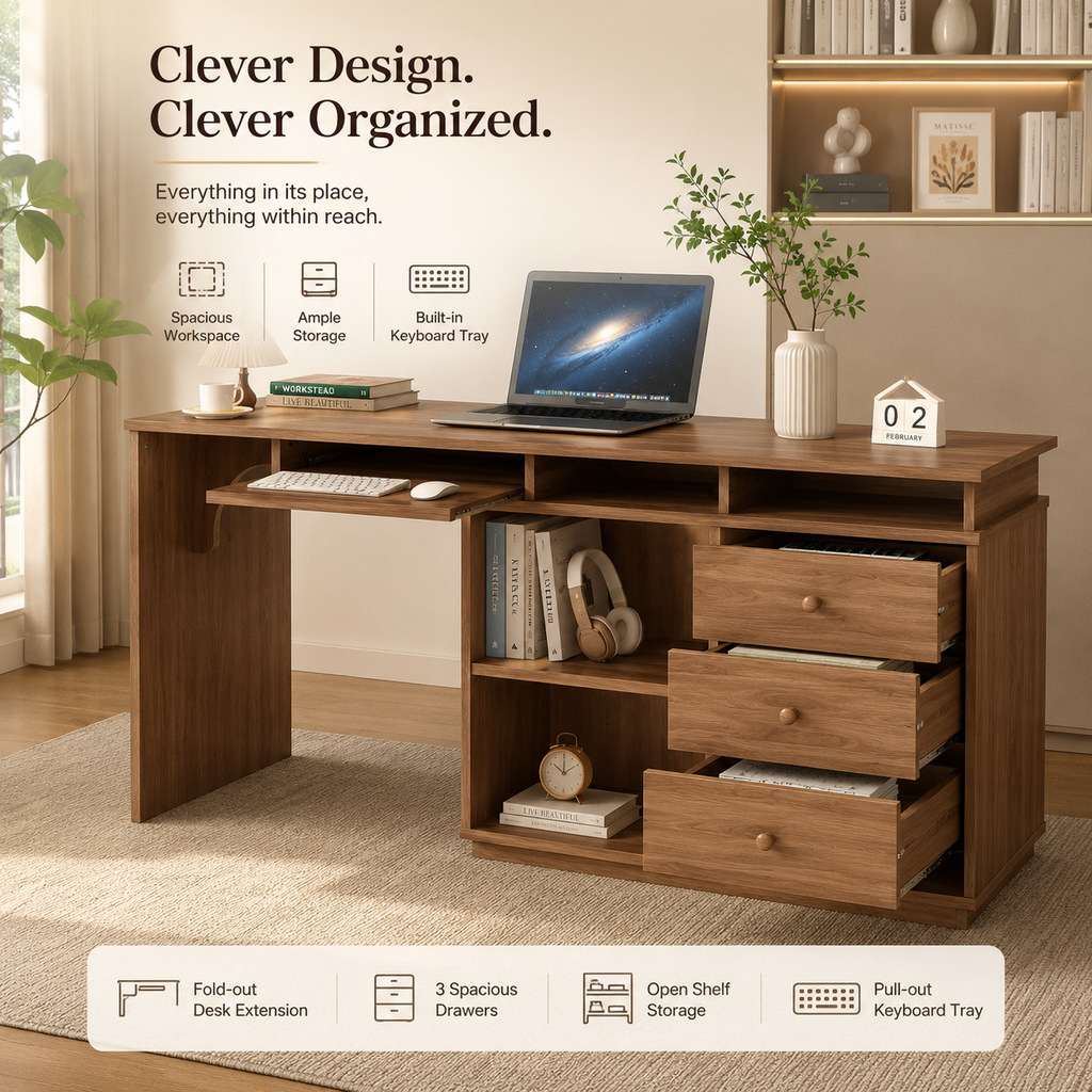 Bureau pliable multifonction en bois avec 3 tiroirs et rangements
