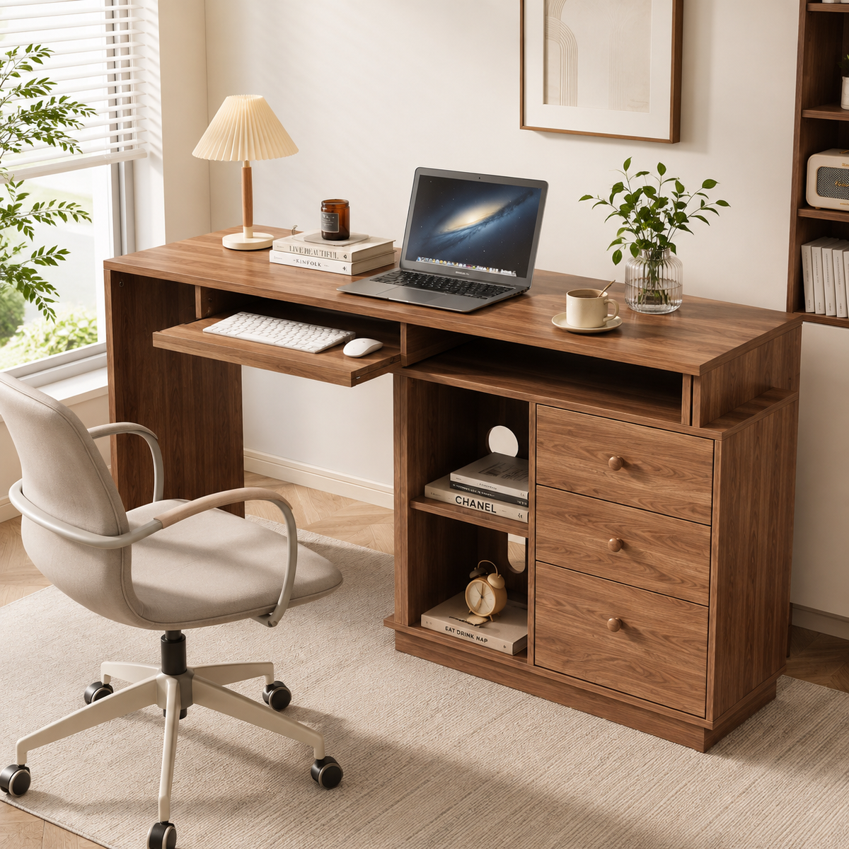 Bureau pliable multifonction en bois avec 3 tiroirs et rangements
